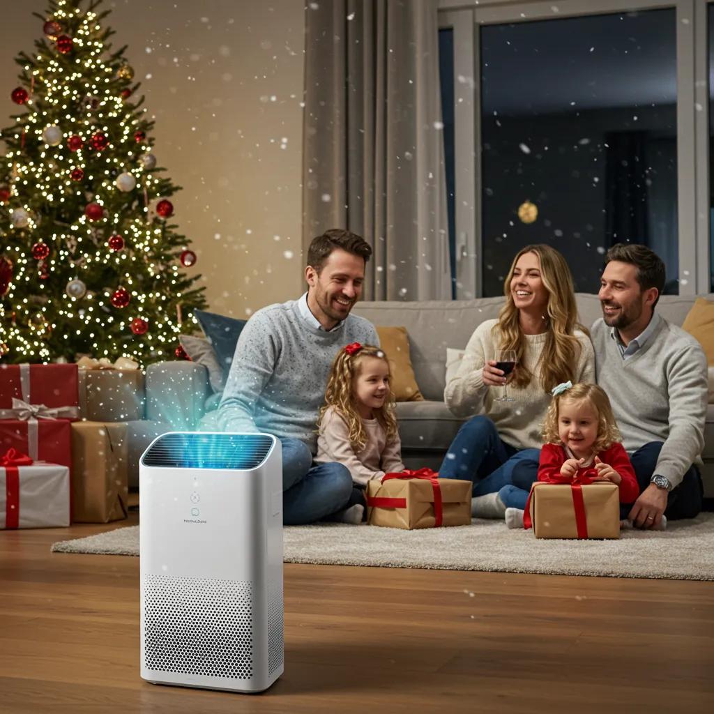 Family enjoying clean indoor air with an air purifier during winter