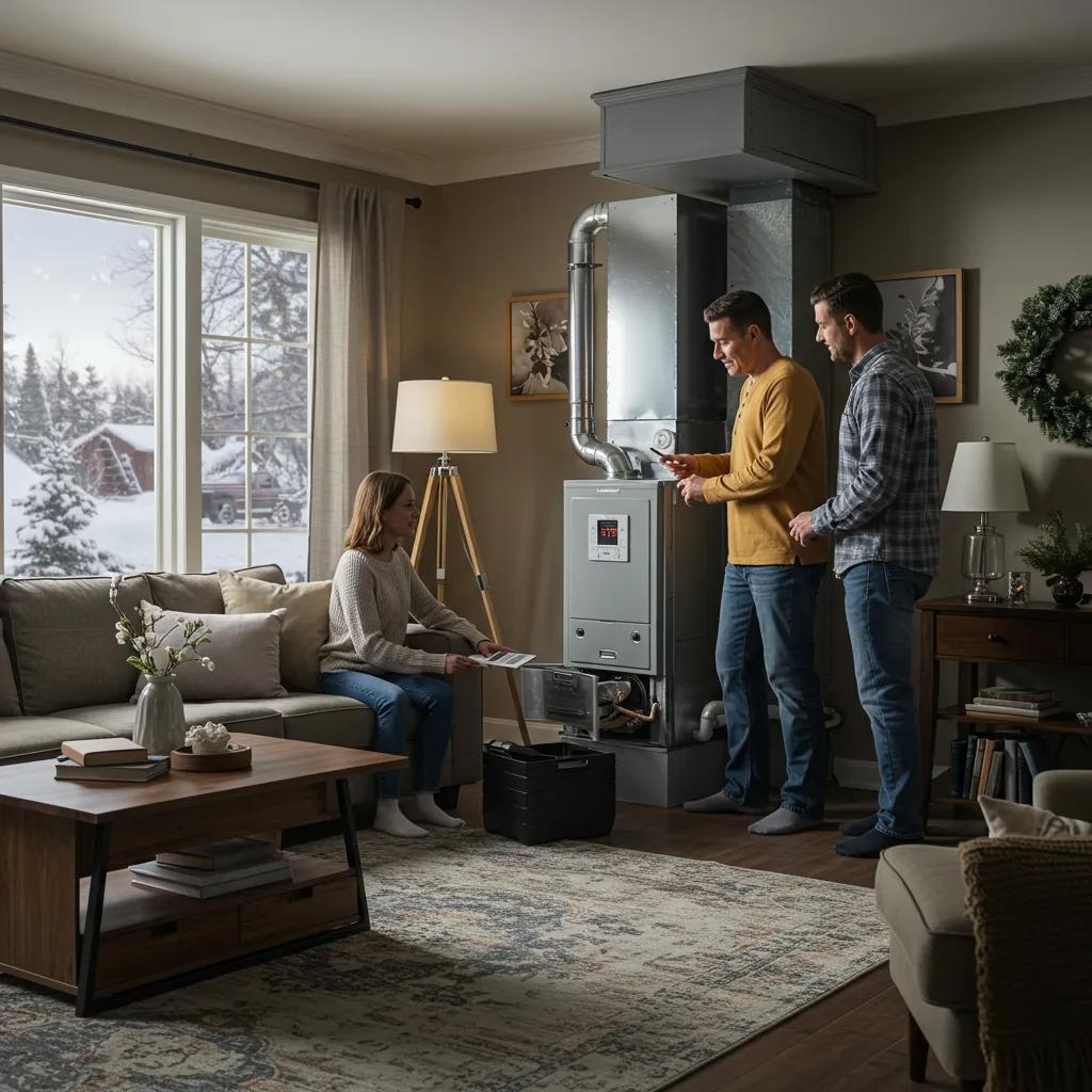 Family preparing HVAC system for winter in a cozy living room
