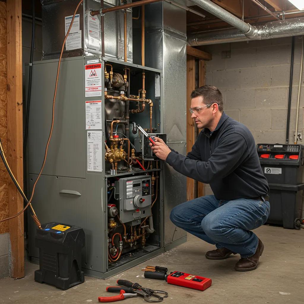 Technician performing a furnace tune-up in a utility room