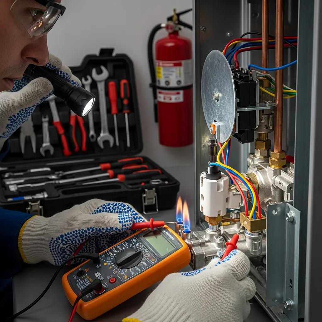 Close‑up of a furnace ignition system being inspected by a technician, focusing on safety and detail