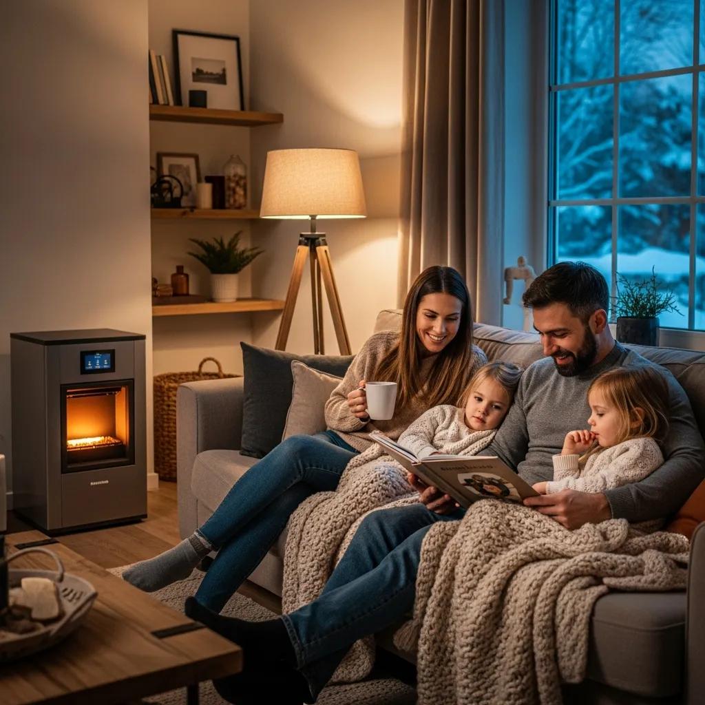 Cozy home interior with a modern furnace, illustrating comfort and warmth in a family setting