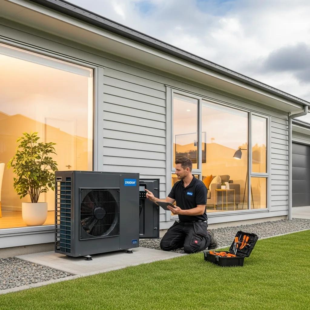 Blog Modern heat pump system in a residential setting with a technician inspecting it